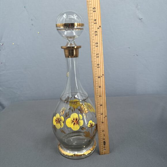 VTG Wine Decanter 15 Floral Hand Painted Romanian Crystal Gold Yellow MCM Carafe - Picture 15 of 16
